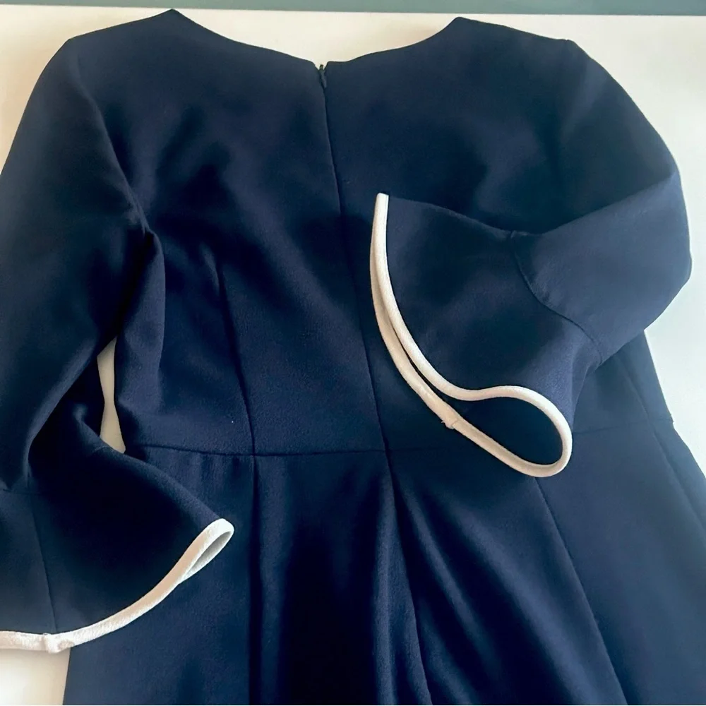 Nanette Lepore Navy Blue White Ruffle Midi Dress Long Sleeve Size 4